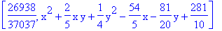 [26938/37037, x^2+2/5*x*y+1/4*y^2-54/5*x-81/20*y+281/10]